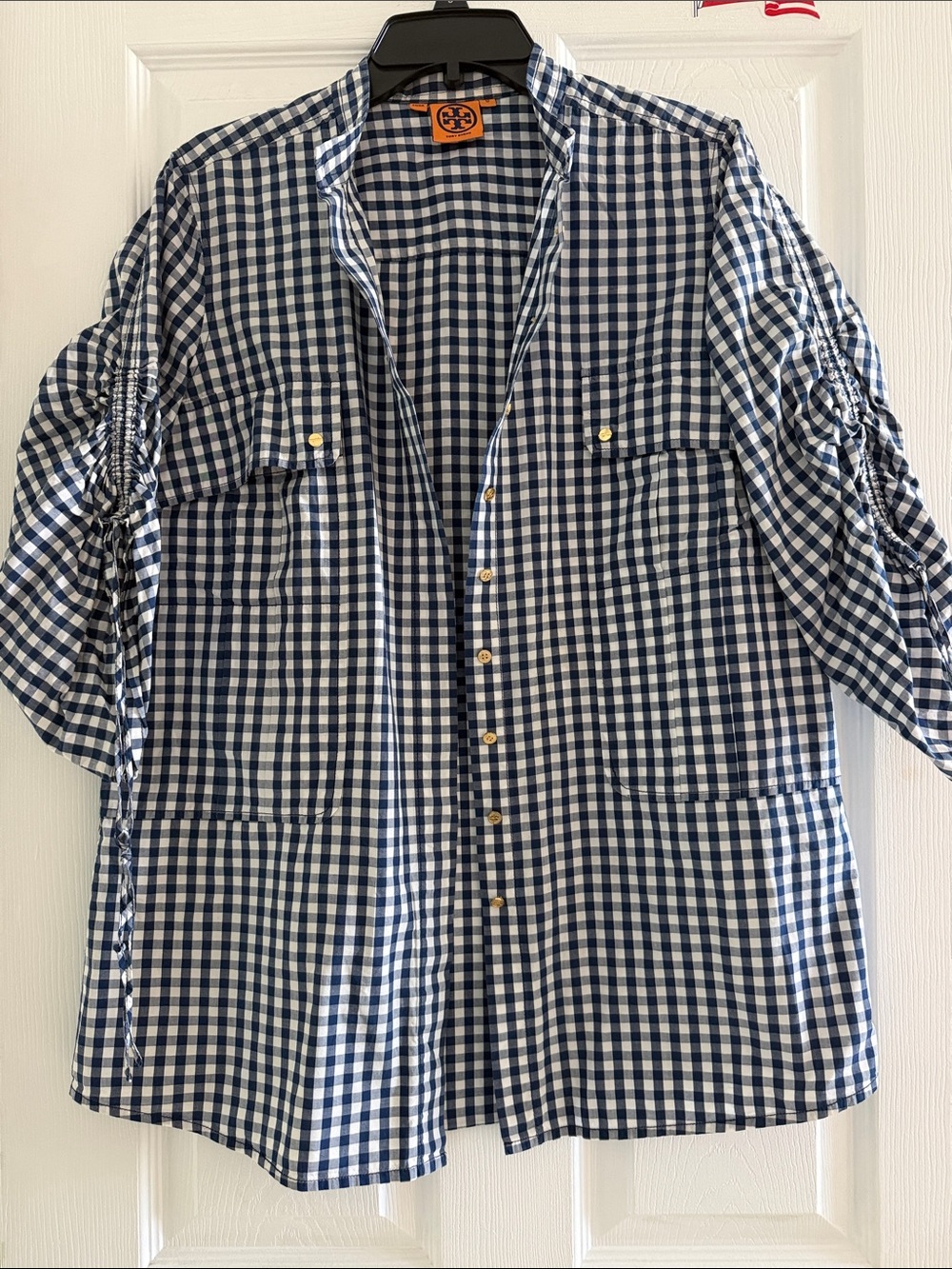 Tory Burch blue and white gingham button-up shirt front chest lower pockets